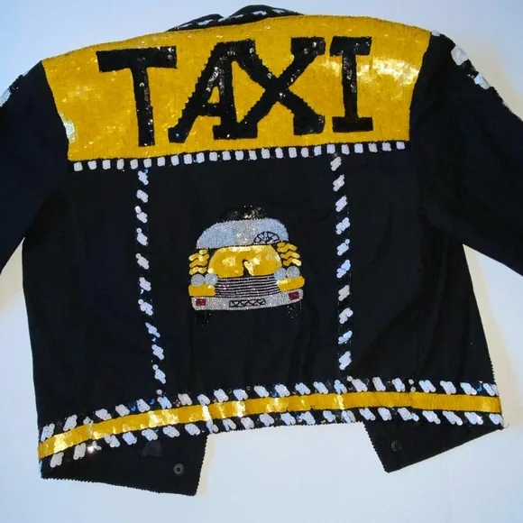 90s Vintage sequin TAXI Jacket Off Duty statement jacket🚕💛🧥🚧 - Picture 9 of 13